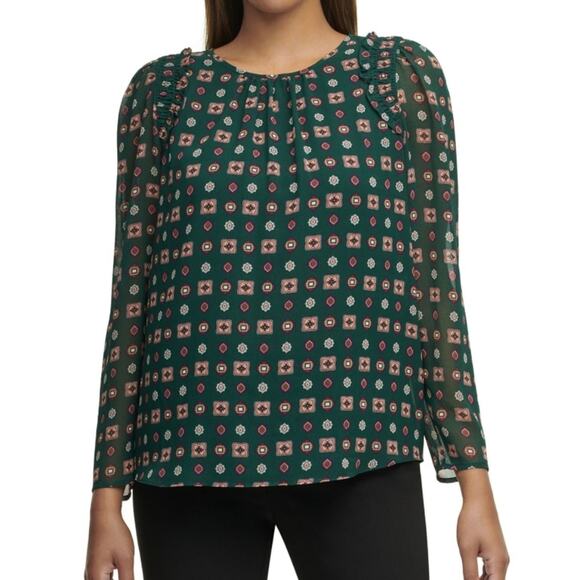 Calvin Klein Smocked Shoulder Long Sleeve Blouse - Picture 1 of 4